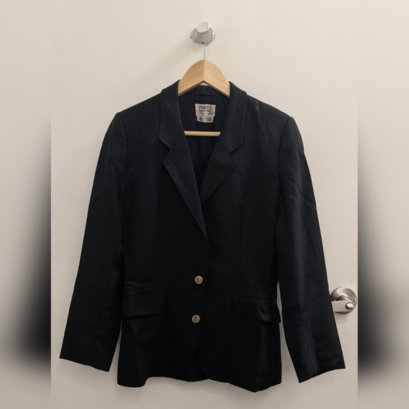 VINTAGE 100% wool navy blue midi skirt suit blazer set, sz 8 (fits S) - Picture 2 of 9